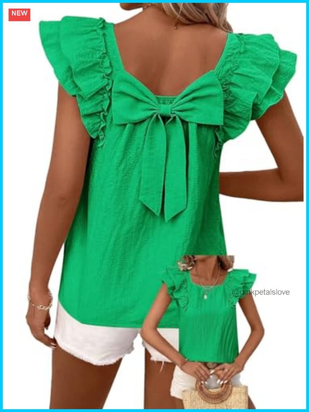 Women's Bow Tie Back Babydoll V-Neck Ruffle Short Sleeve Blouse